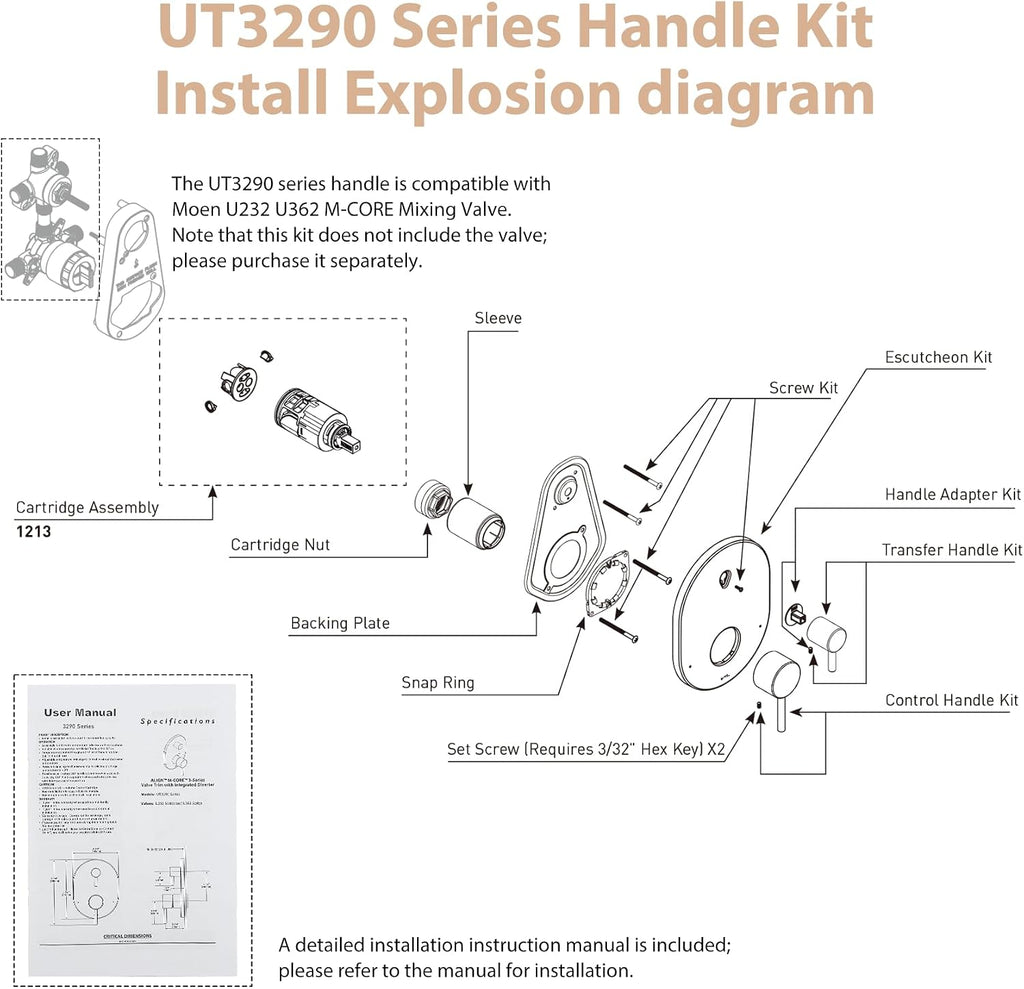 UT3290 Shower Valve Trim Kit for Moen Align Chrome M-CORE 3-Series 2-Handle Shower Faucet Trim, for Shower Handle UT3290BL UT3290BN UT3290BG, Include 1213 Cartridge, U232 U362 Valve Required. -2 Year