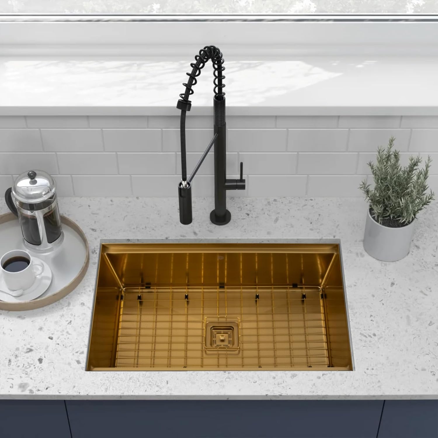 Strictly Sinks Undermount Workstation Kitchen Sink – 32 Inch 16 Gauge Embossed Hexagon Texture Gold Kitchen Sink with Grid, Wood Cutting Board, Colander, 1 Strainer Drain & 1 Garbage Disposal Adapter