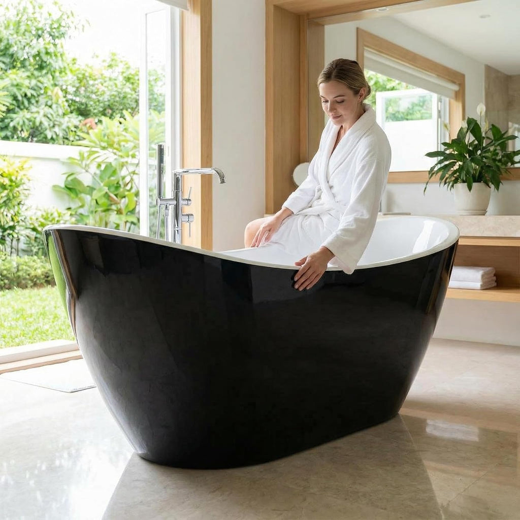 Garvee 59' Acrylic Soaking Bathtub, Deep Modern Tub with Non-Slip Base, CUPC Certified, Space-Saving Bath with Chrome Drain and Overflow, Easy Install for Small Bathrooms, Black