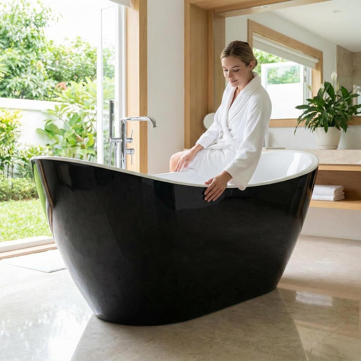 Garvee 59' Acrylic Soaking Bathtub, Deep Modern Tub with Non-Slip Base, CUPC Certified, Space-Saving Bath with Chrome Drain and Overflow, Easy Install for Small Bathrooms, Black