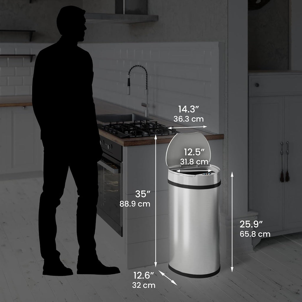 iTouchless 13 Gallon Semi-Round Extra-Wide Opening Sensor Touchless Trash Can with Odor Control System, Automatic Space Saving Stainless Steel Silver Garbage Bin for Home Kitchen and Office