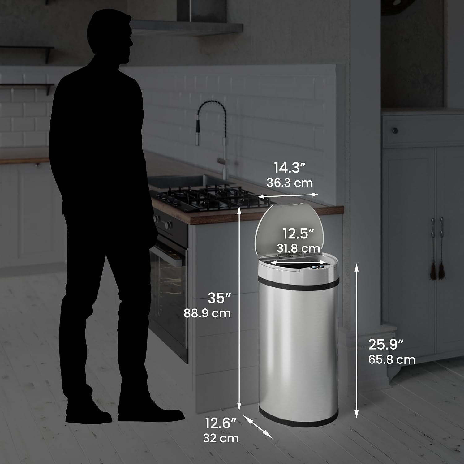 iTouchless 13 Gallon Semi-Round Extra-Wide Opening Sensor Touchless Trash Can with Odor Control System, Automatic Space Saving Stainless Steel Silver Garbage Bin for Home Kitchen and Office