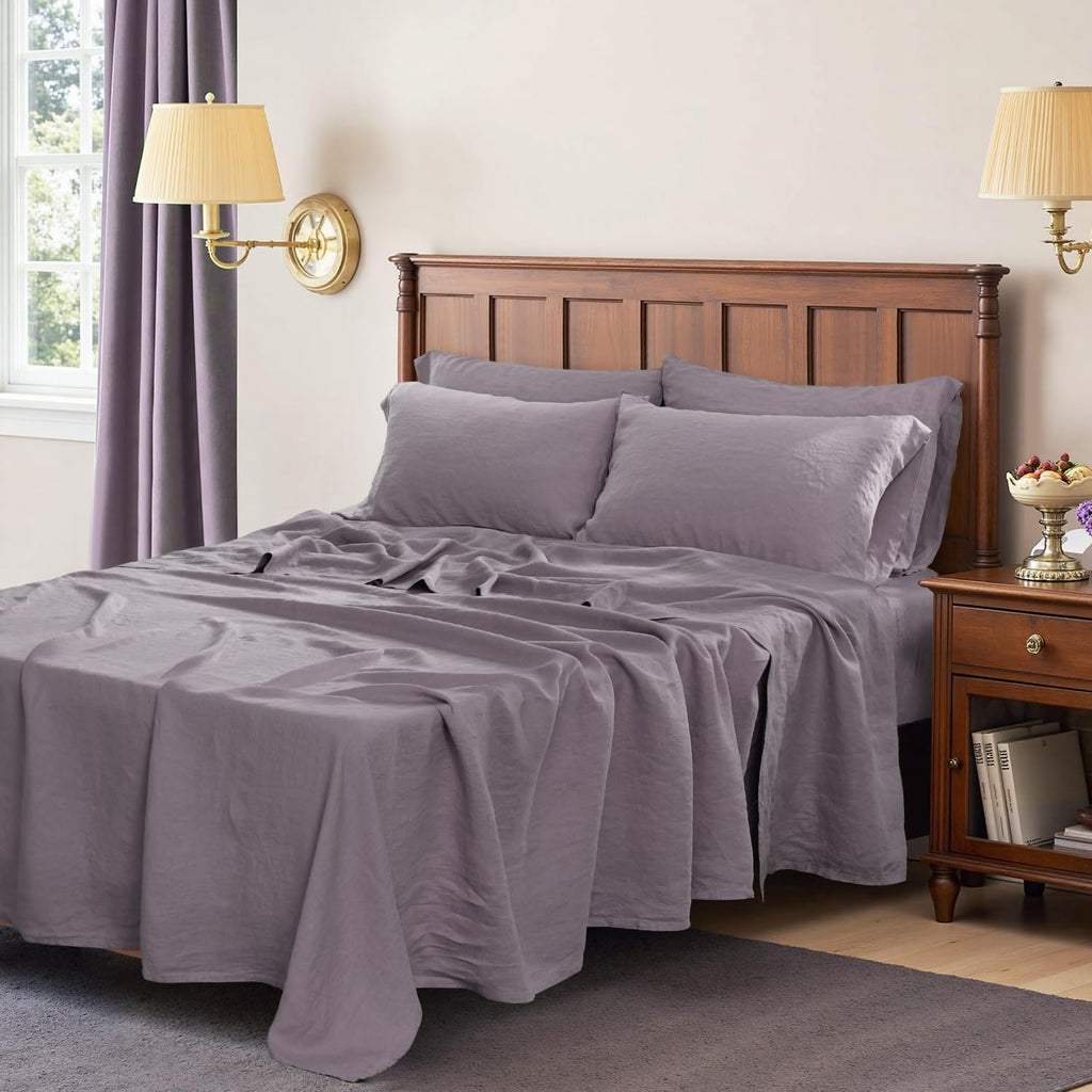 S VICTORY SYMBOL 100% Organic Linen Sheet Sets Cal King Size,Washed French Flax Bed Sheets 4Pcs(2 Pillowcases,1 Fitted Sheet,1 Flat Sheet) Breathable,Durable,California King Dusty Purple