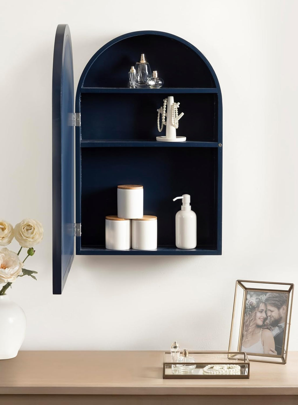 Kate and Laurel Arcott Modern Arched Bathroom Cabinet with Mirror, 20 x 6 x 30, Navy Blue, Coastal Wooden Bathroom Mirror with Storage for Bath Medicine Cabinet or Over-the-Toilet Storage Option