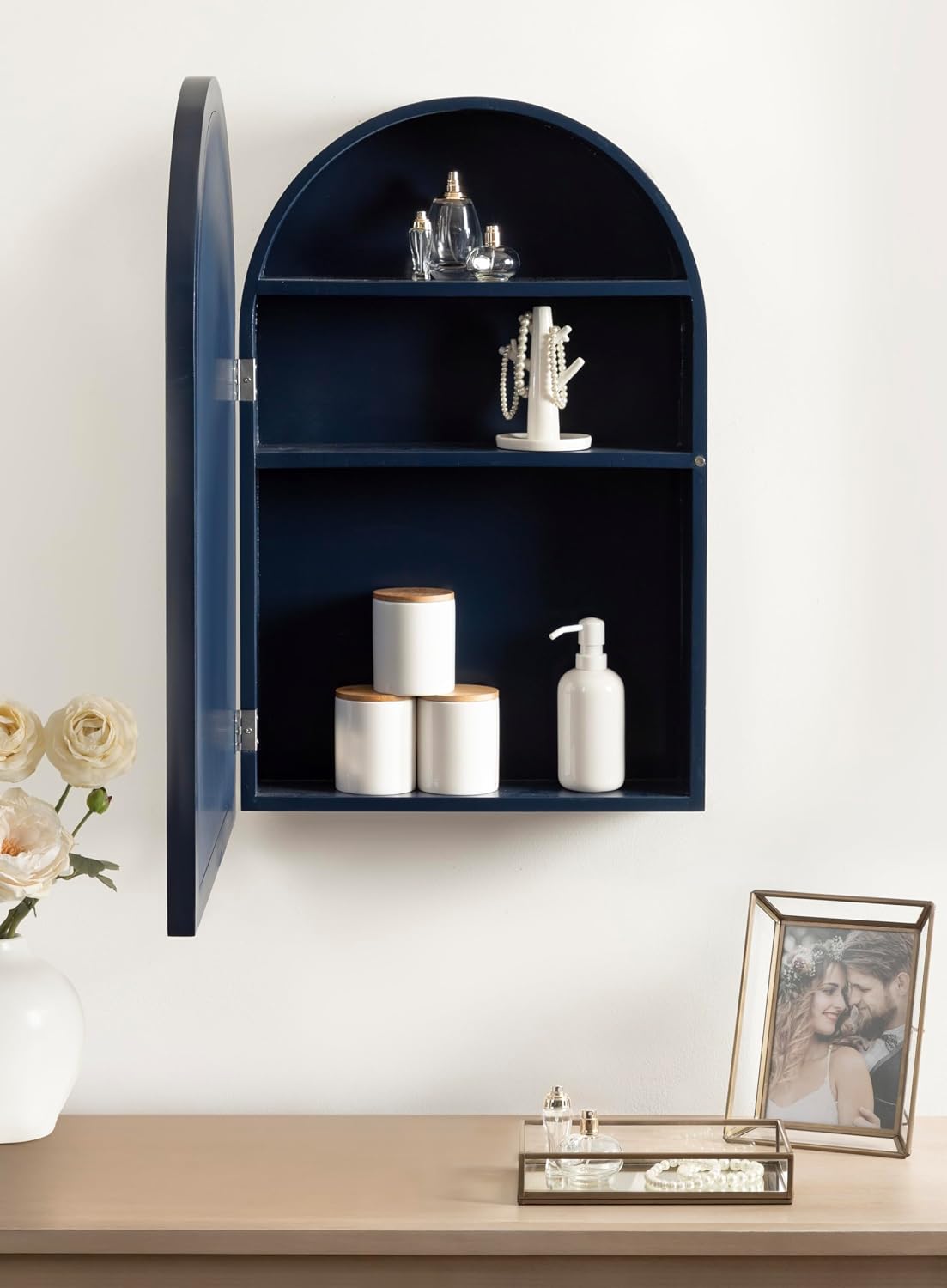 Kate and Laurel Arcott Modern Arched Bathroom Cabinet with Mirror, 20 x 6 x 30, Navy Blue, Coastal Wooden Bathroom Mirror with Storage for Bath Medicine Cabinet or Over-the-Toilet Storage Option