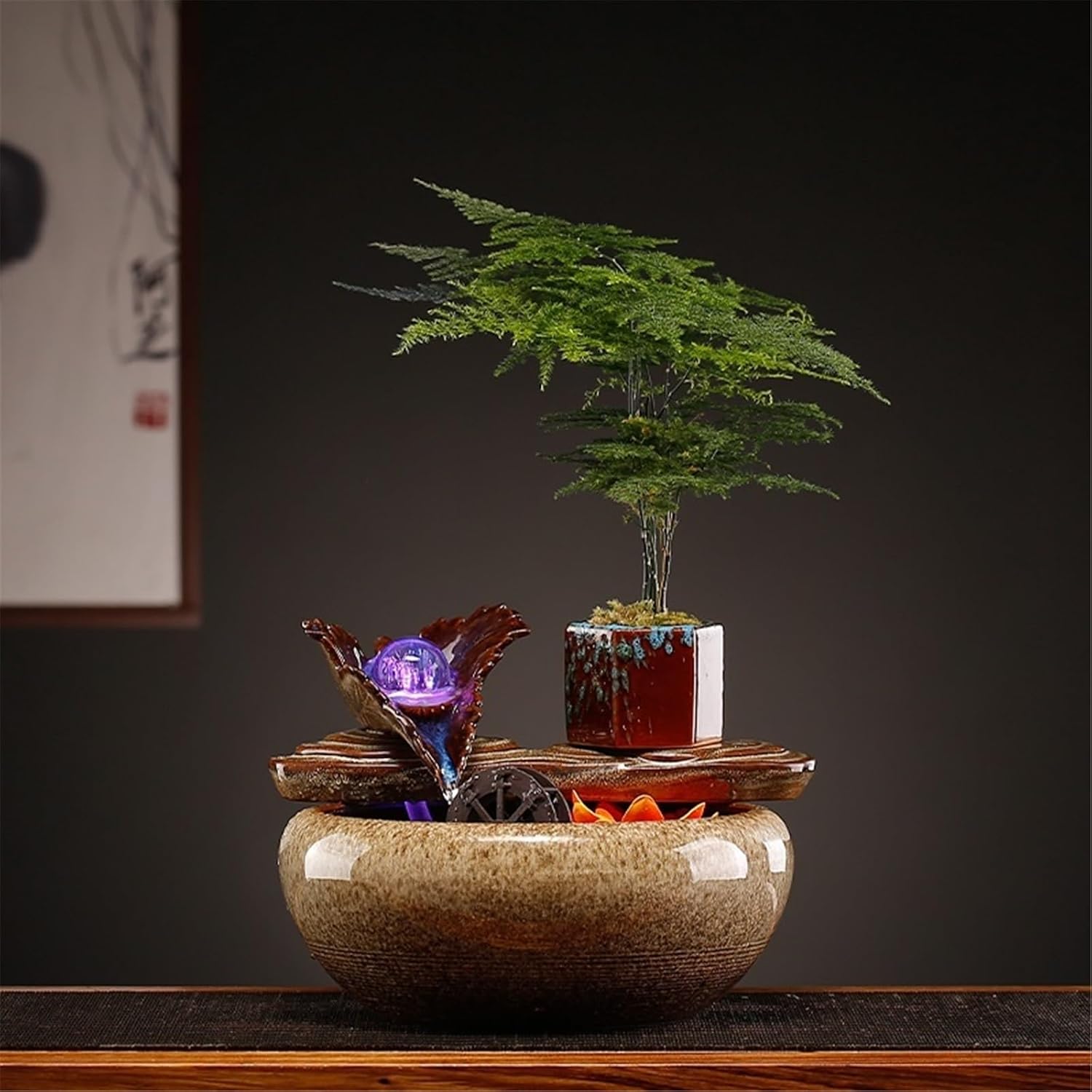 Tabletop Chinese Style Tabletop Fountain Relaxation Water Feature Circulating Ceramic Fish Tank Decor