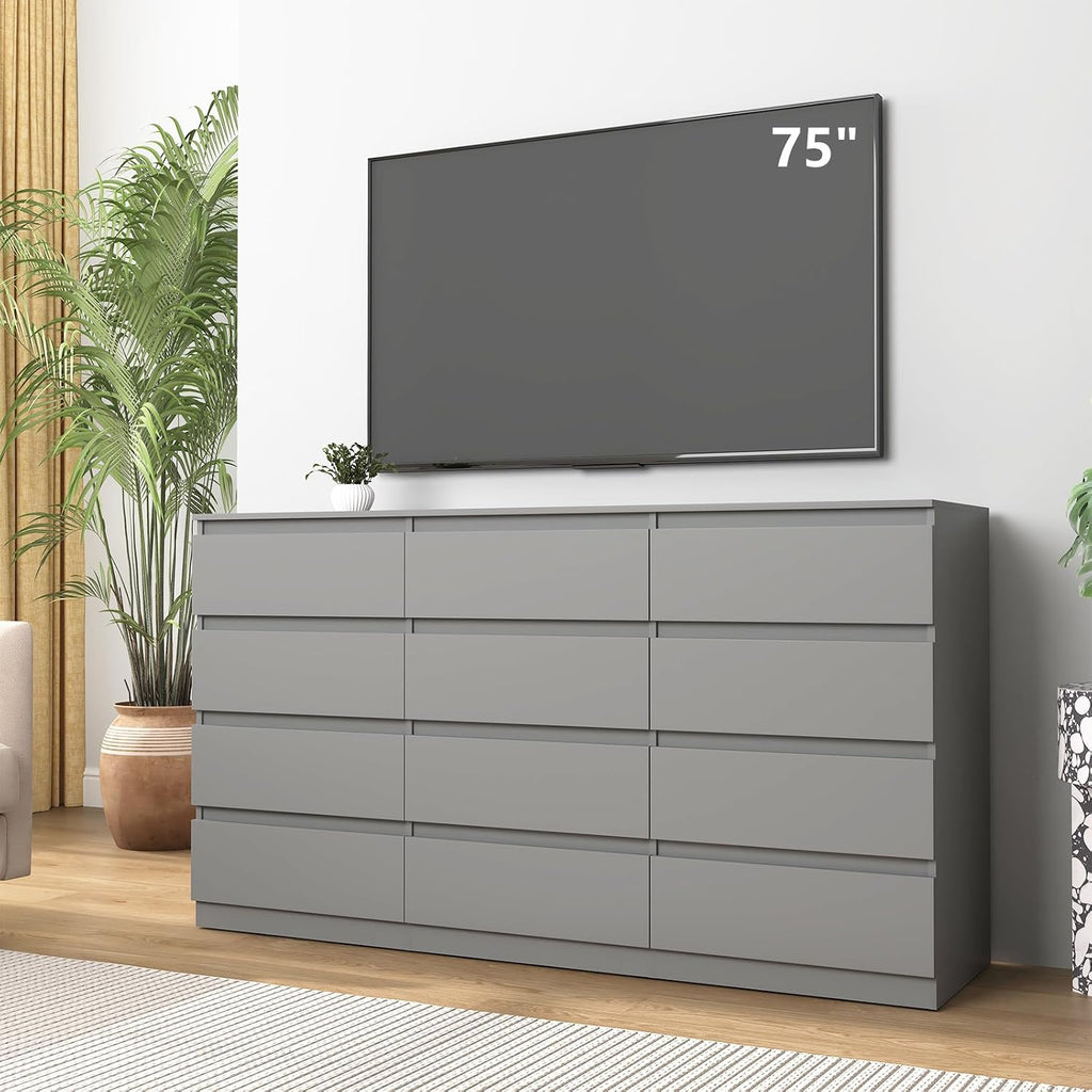 Vibe & Dine 12 Drawer Dresser, 59.1' Large Dresser for Bedroom Free Handle, Modern Wooden Chest of Drawers with Wide Storage for Living Room, Grey