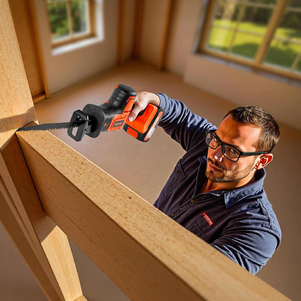 VEVOR Cordless Reciprocating Saw, 20V Brushless Reciprocating Saw with Battery, 3000 SPM Variable Speed, 1' Stroke Length Charger, 8 Blades, and Carrying Bag, for Wood, Metal and Plastic Cutting