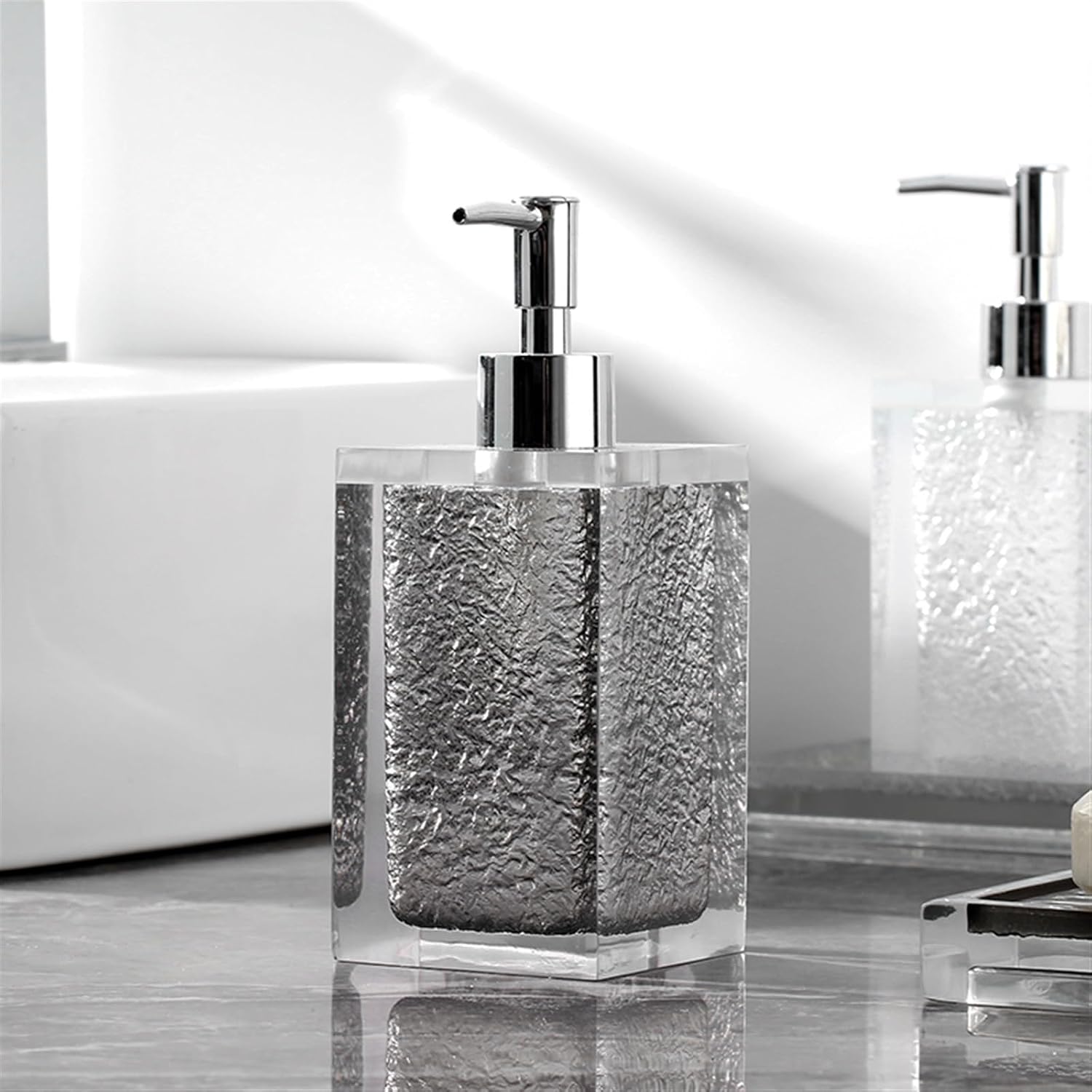 Soap Dispenser Black Translucent Resin Bathroom Accessory Set, 4 Pieces Bathroom Accessories Complete Set Vanity Countertop Accessory Set, Includes Soap Dispenser, Cup, Tissue Box and Tray Soap Dispen