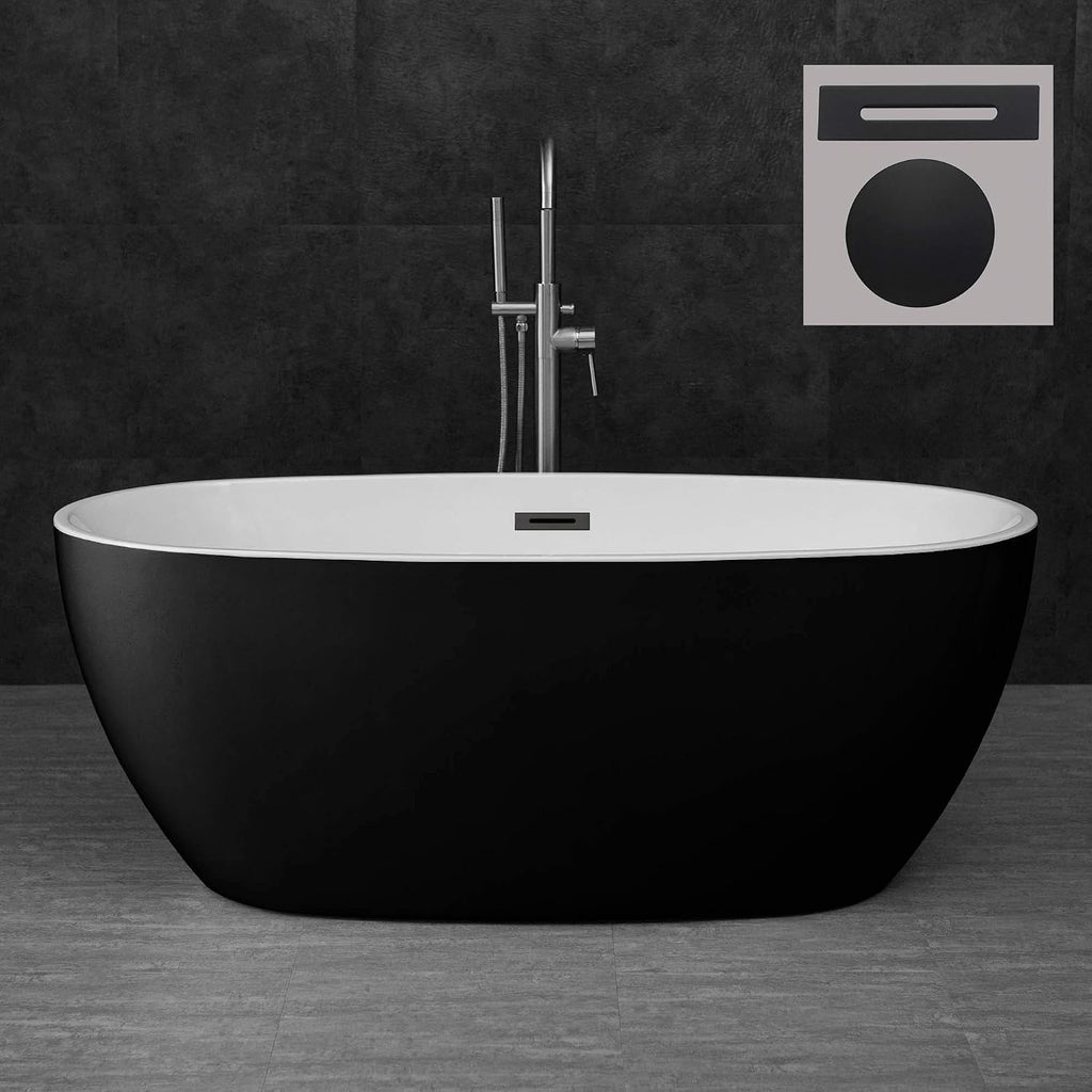 WOODBRIDGE 59' Acrylic Freestanding Bathtub Contemporary Soaking Tub, Black Acrylic (Matte Black Drain/Overflow), B1818 Black -MB-Drain &O