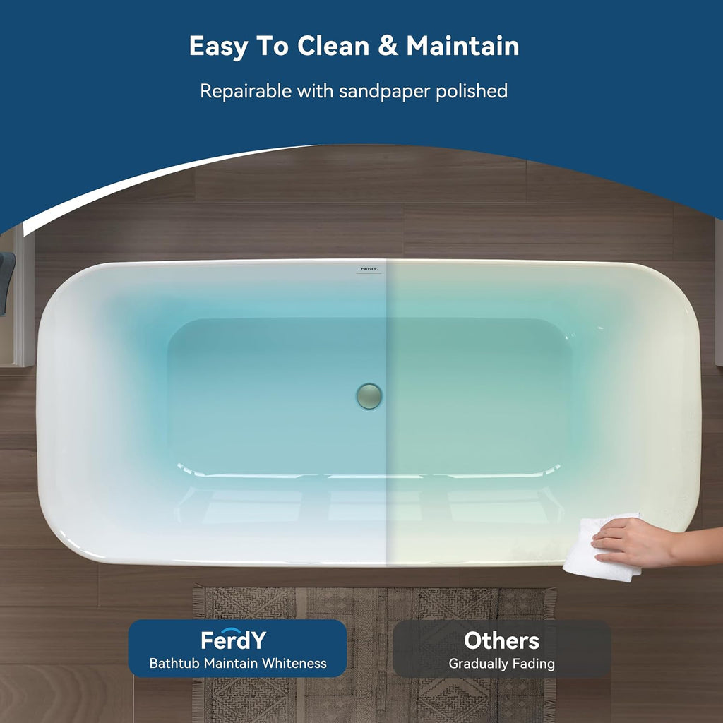 FerdY Maui 67' Acrylic Freestanding Bathtub, Contemporary Elegant Design Soaking Tub with Brushed Gold Drain and Minimalist Linear Design Overflow, Easy to Install