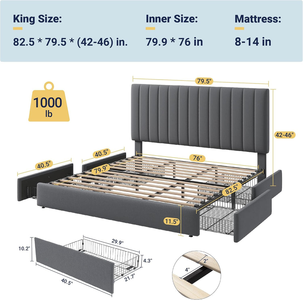 Allewie King Size Storage Bed Frame, Vertical Channel Tufted Adjustable Headboard, Velvet Upholstered Platform Bed with 4 Oversized Underbed Drawers, Wooden Slats Support, No Box Spring Needed, Grey
