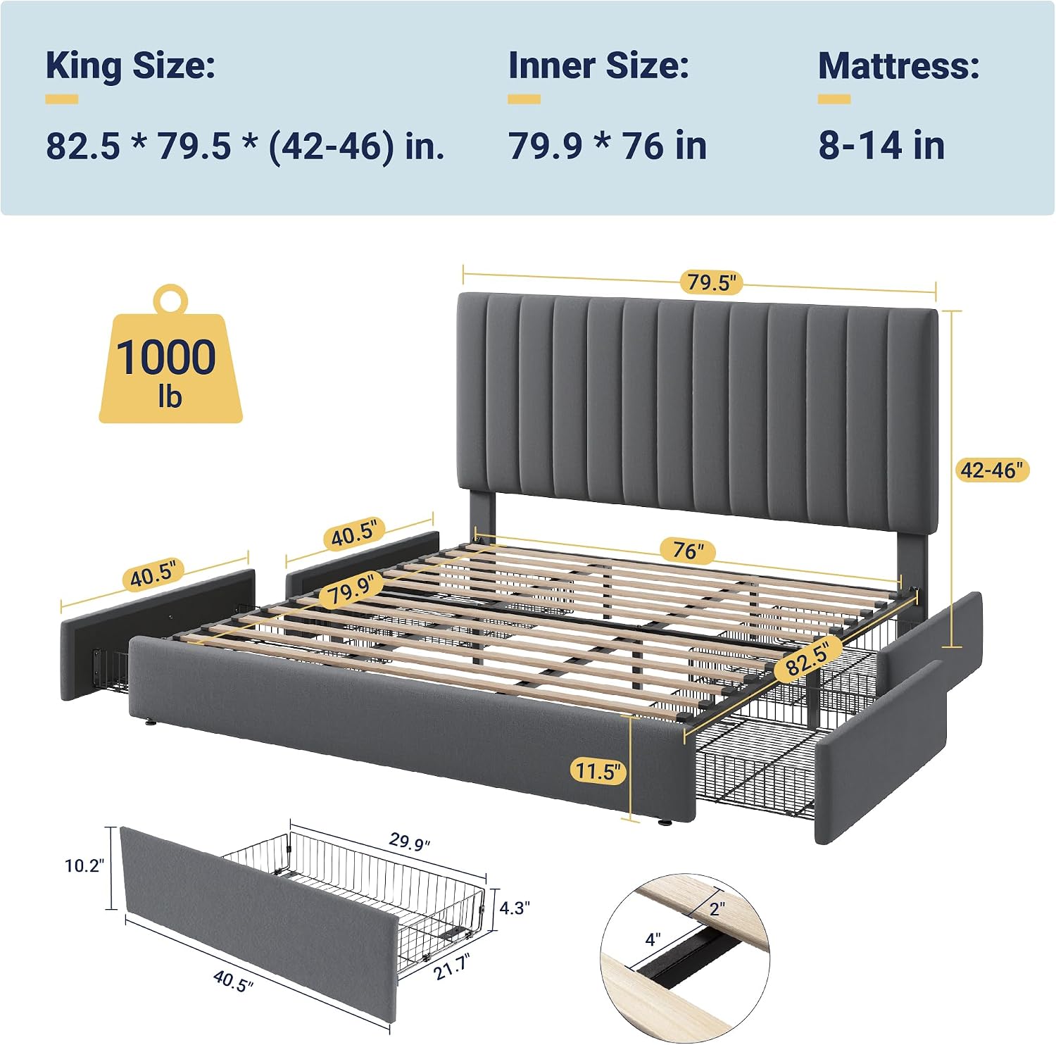 Allewie King Size Storage Bed Frame, Vertical Channel Tufted Adjustable Headboard, Velvet Upholstered Platform Bed with 4 Oversized Underbed Drawers, Wooden Slats Support, No Box Spring Needed, Grey
