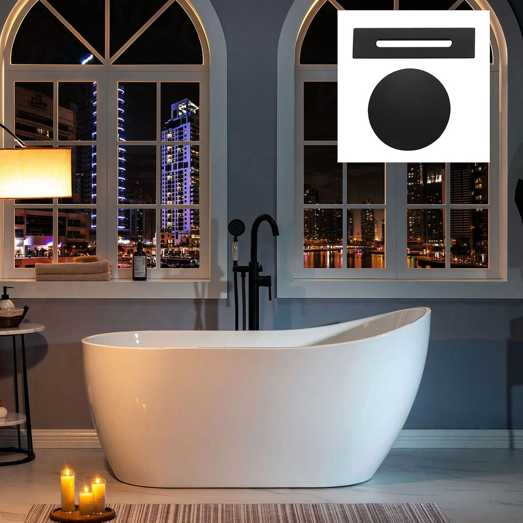 WOODBRIDGE 59' Acrylic Freestanding Bathtub Contemporary Soaking White Tub with Matte Black Overflow and Drain，B1530-MB-Drain&O