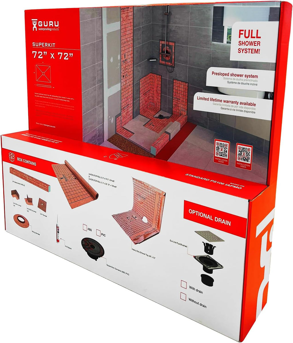 GURU USA SuperKit Square Complete Shower Kit with Heavy Duty Tray, Evo Lite Stainless Steel Drain, & Waterproof Membrane Roll, Bathroom Accessories, 72' x 72', Center Drain, PVC Connector