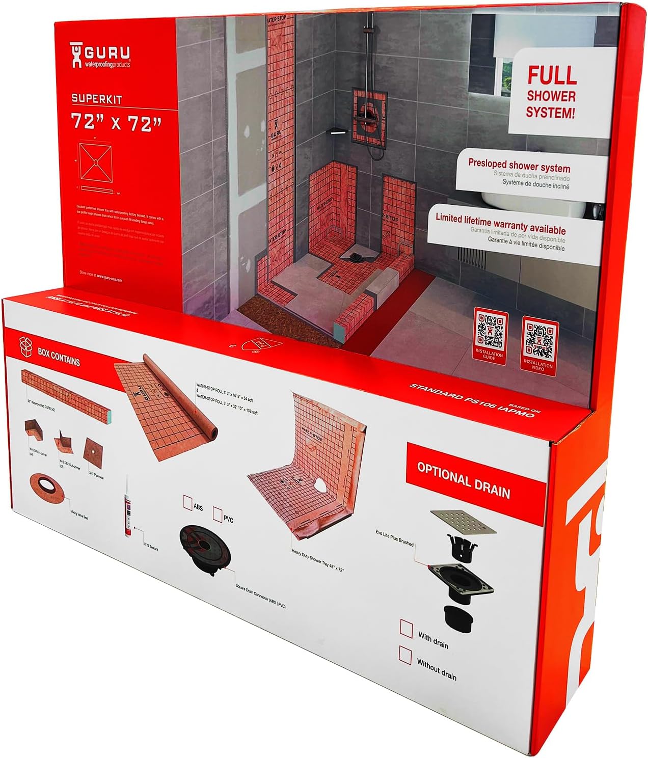 GURU USA SuperKit Square Complete Shower Kit with Heavy Duty Tray, Evo Lite Stainless Steel Drain, & Waterproof Membrane Roll, Bathroom Accessories, 72' x 72', Center Drain, PVC Connector
