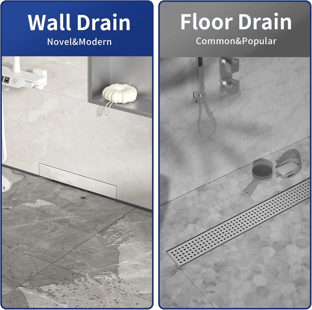 Linear Wall Drain 36'', 304 Stainless Steel Side Drain w/Tiled Grate & Hair Strainer, Brushed Tiled Shower Drain for Bathroom, CUPC Certified