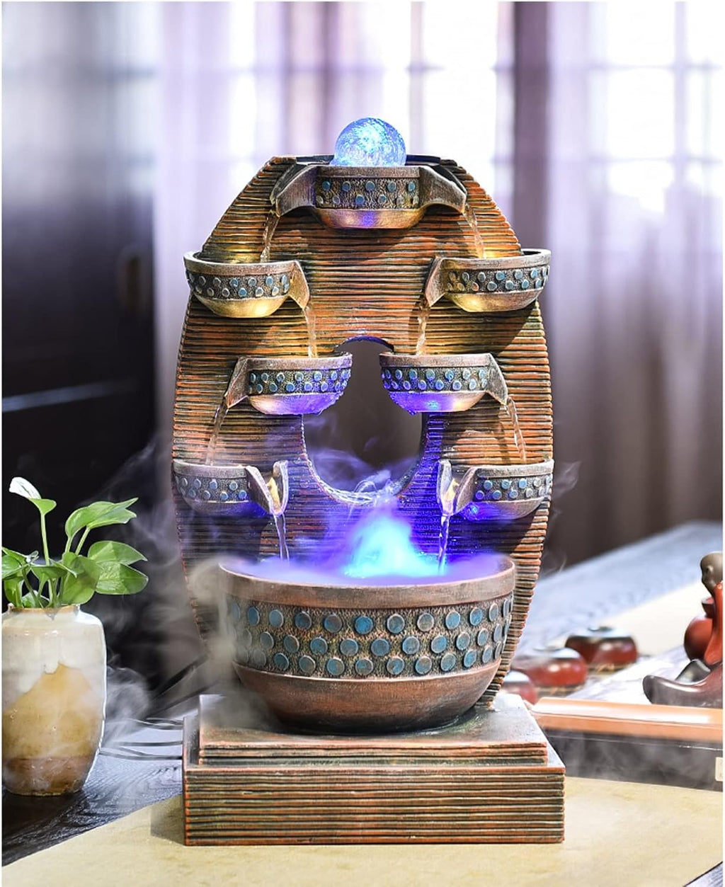 HIHELO Desktop Fountain Resin Tabletop Fountain with Pump Indoor Waterfall Tabletop Fountain Decoration 4 Level Indoor Tabletop Decoration Meditation Waterfall Water Fountain Outdoor