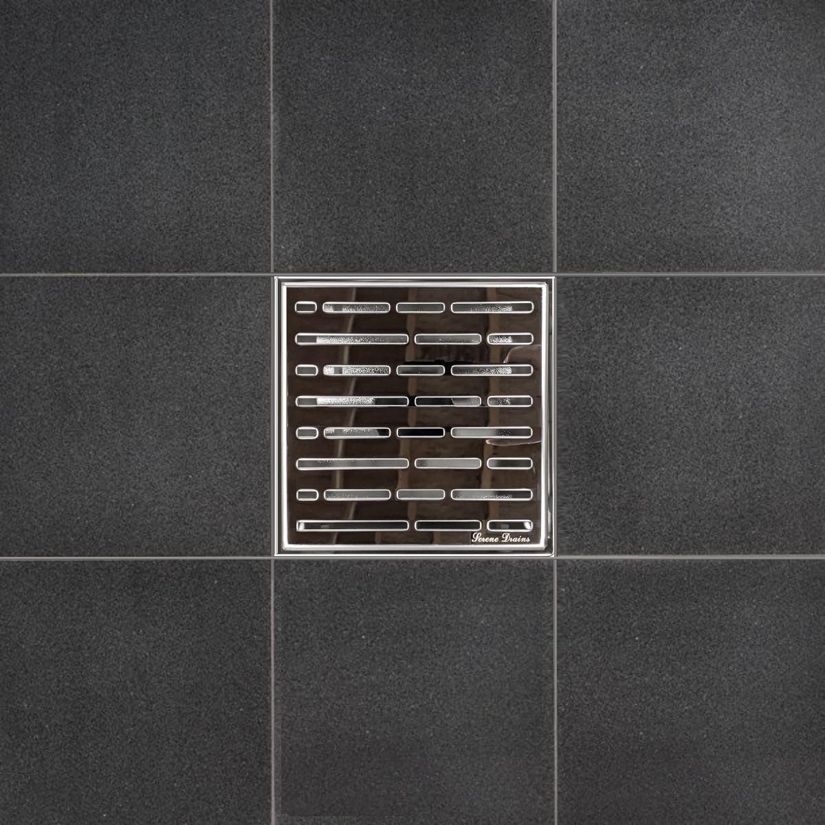 SereneDrains 304 Stainless Steel 6 Inch Square Polished Chrome Shower Drain Kit for Tile Floor Drain Grate Cover Hair Catcher Trap Strainer Filter (Polished Chrome, Broken Lane Design)