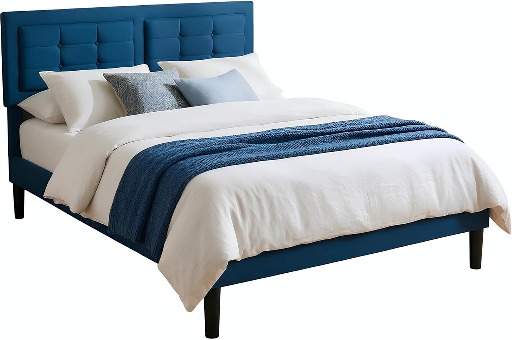 VECELO Full Size Bed Frame, Adjustable Upholstered Button Tufted Headboard, Heavy-Duty Bedframe with Wood Slats Support, No Box Spring Needed, Aegean Blue