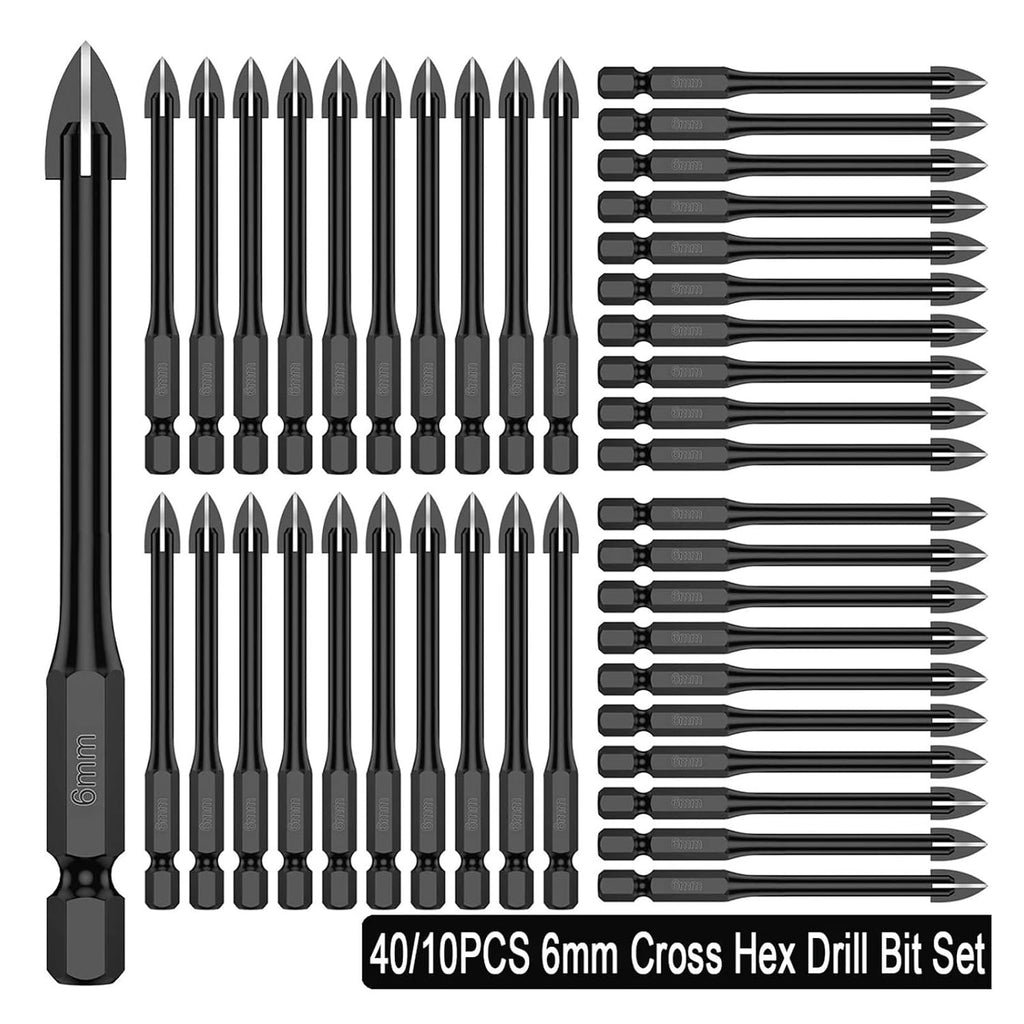 40/10PCS 6mm Cross Hex Drill Bit Set Tile Porcelain Punch Holes for Glass Ceramic Wall Concrete Drilling(40PCS)