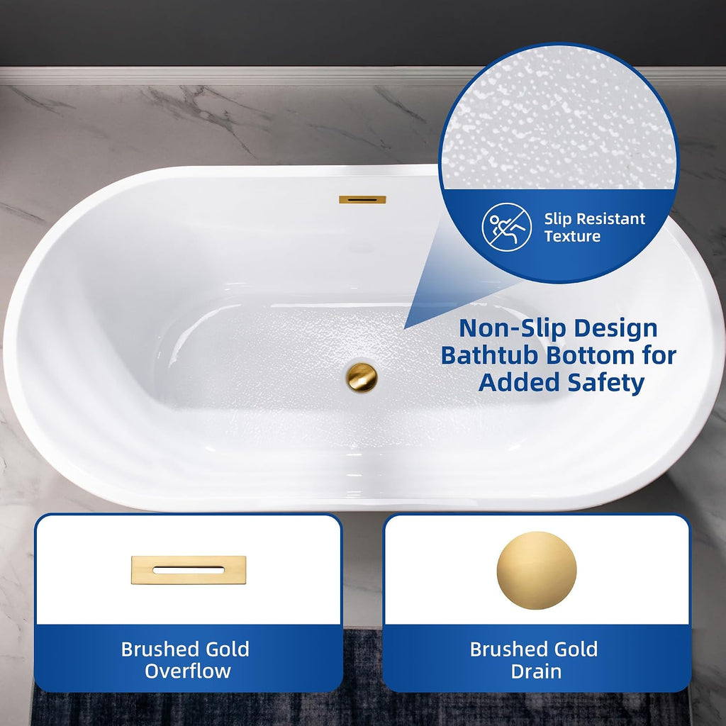 WOODBRIDGE 59' Freestanding White Acylic Soaking Bathtub with Brushed Gold Drain and Overflow, BTA1514-BG