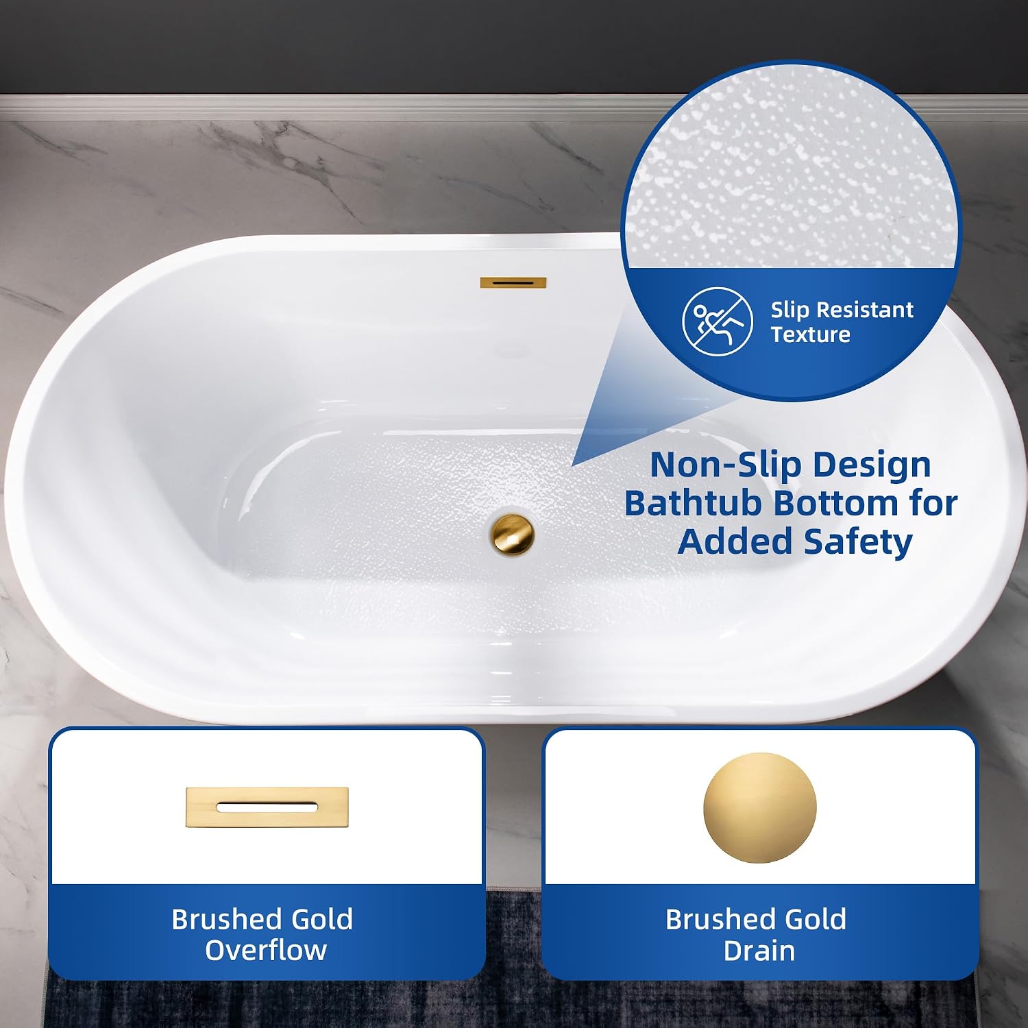 WOODBRIDGE 59' Freestanding White Acylic Soaking Bathtub with Brushed Gold Drain and Overflow, BTA1514-BG