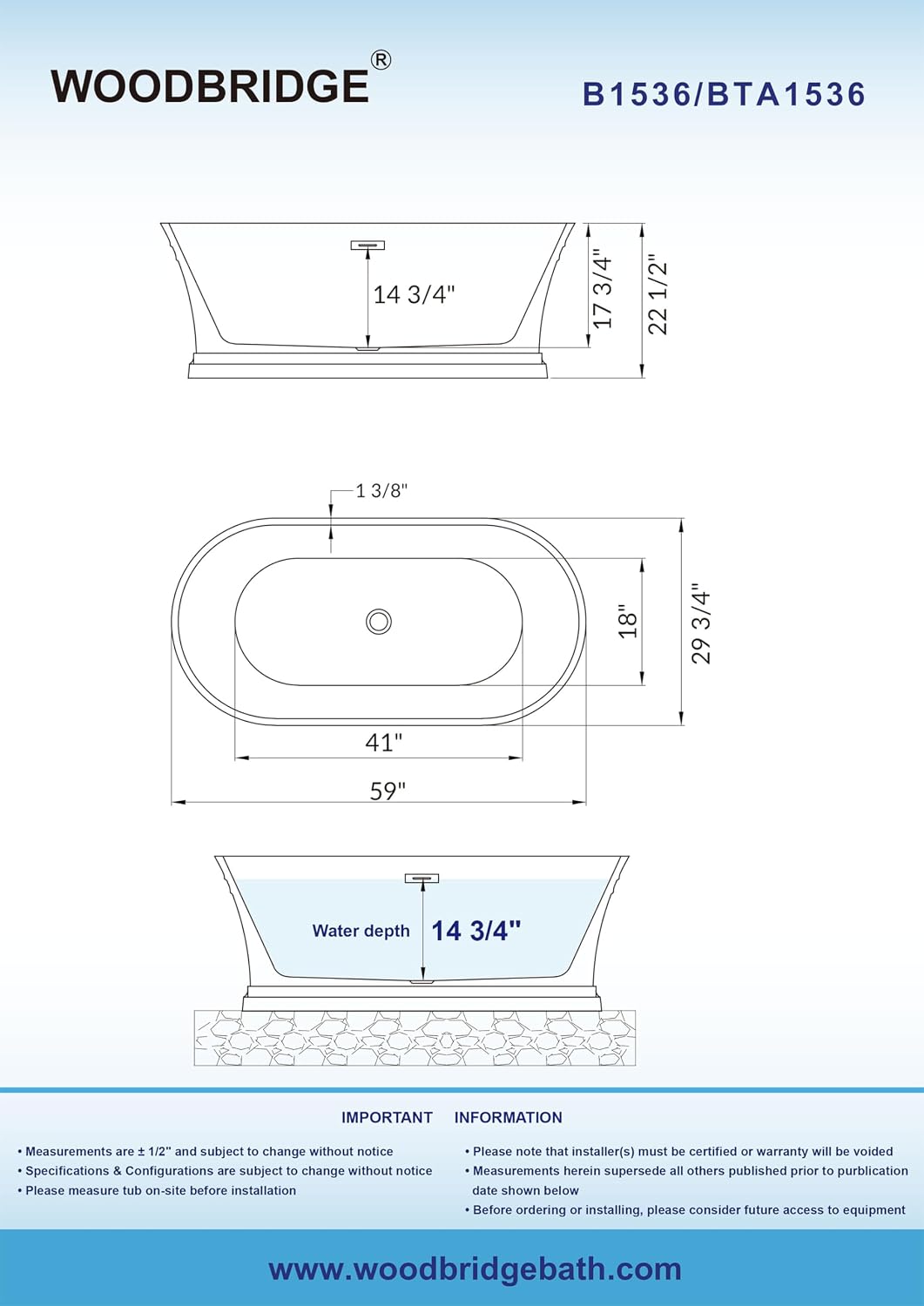 WOODBRIDGE 59'Freestanding White Acylic Soaking Bathtub with Matte Black Drain and Overflow,B1536-MB