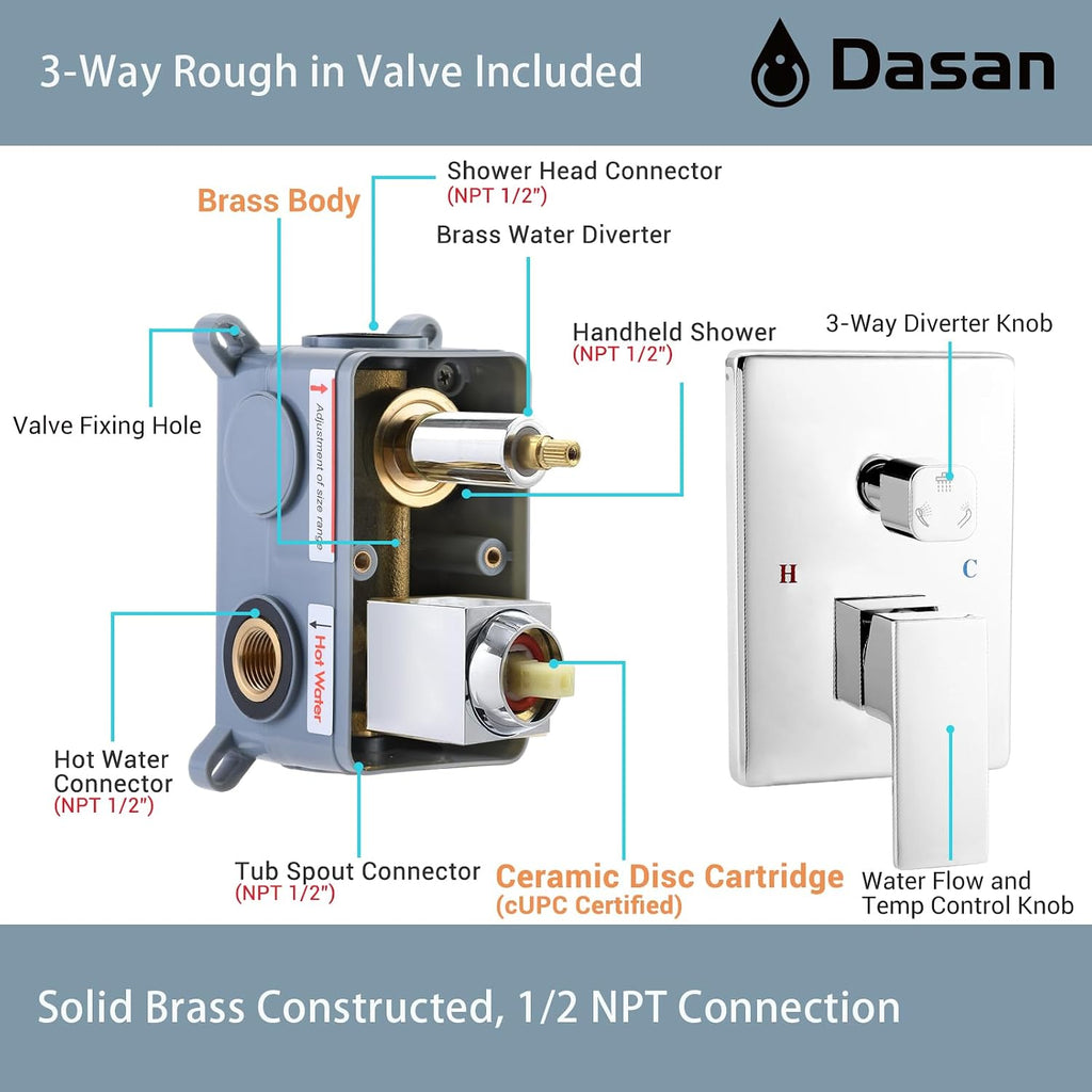 DASAN Tub Shower Faucets Sets Complete Bathtub Shower System with Waterfall Tub Spout, Chrome Bathtub Faucet Set Tub and Shower Faucet Combo Trim Kit with Valve, DA-SS04PC-S10W