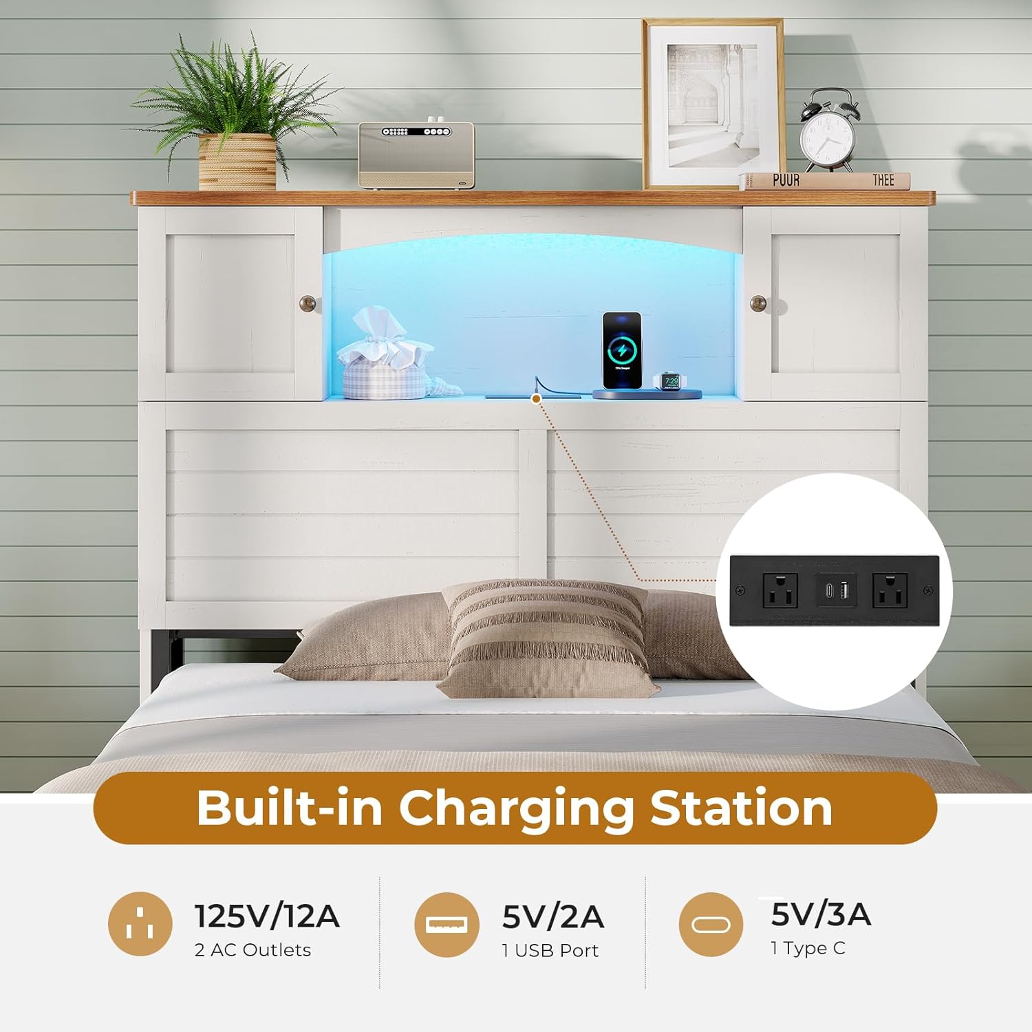 MSmask Farmhouse Bed Frame Twin Size with Bookcase and Storage Cabinets Headboard, Wood Platform Bed with LED Lights, Charging Station, 4 Drawers, Decoration Footboard, No Box Spring Needed, White