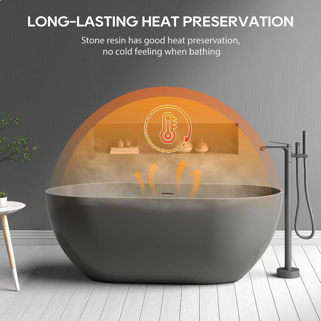 SJ STAR&JANE 59' Solid Surface Freestanding Bathtub Oval Stone Resin Soaking Tub Modern Stand Alone Tub with Overflow & Pop-up Drain for Bathrooms Dark Gray