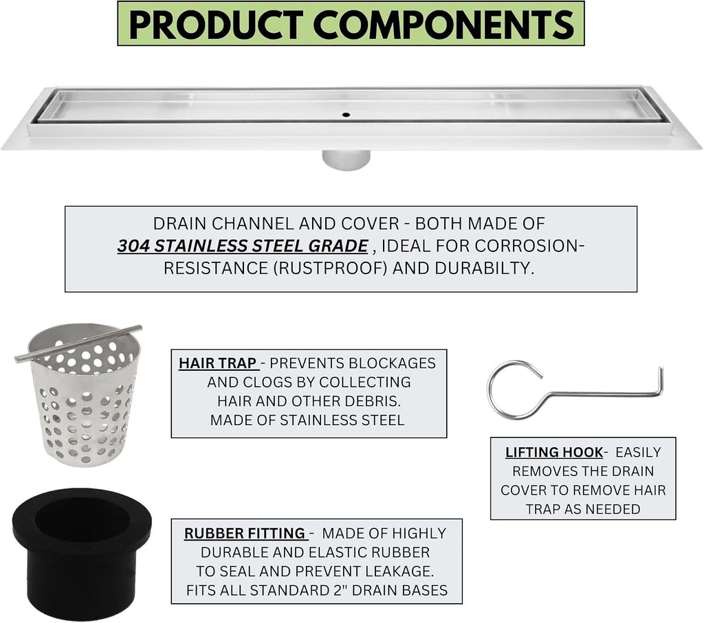 SereneDrains 304 Stainless Steel 36 Inch Brushed Nickel Tile in Linear Shower Drain Kit Long Shower Drain Hair Catcher Strainer Grate Cover Bathroom Floor Insert (Brushed Nickel, 35 Inch)