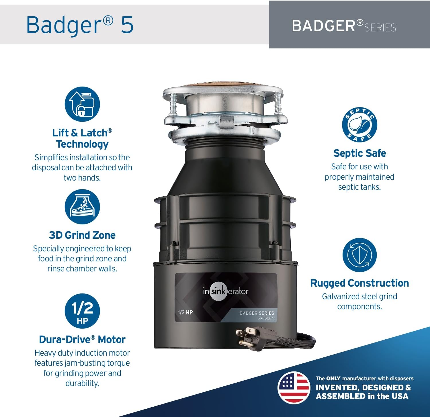 InSinkErator Badger 5 Garbage Disposal with Power Cord, Badger Series 1/2 HP Continuous Feed Food Waste Disposer