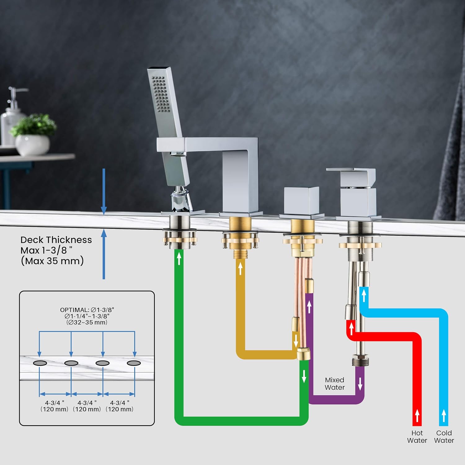 KIBI Cube Single Handle Roman Tub Faucet with Hand Shower | Deck Mounted Bathtub Faucet Set with Solid Brass Construction, Smooth Water Flow & Diverter for Easy Operation (Chrome Finish, KTF3102)