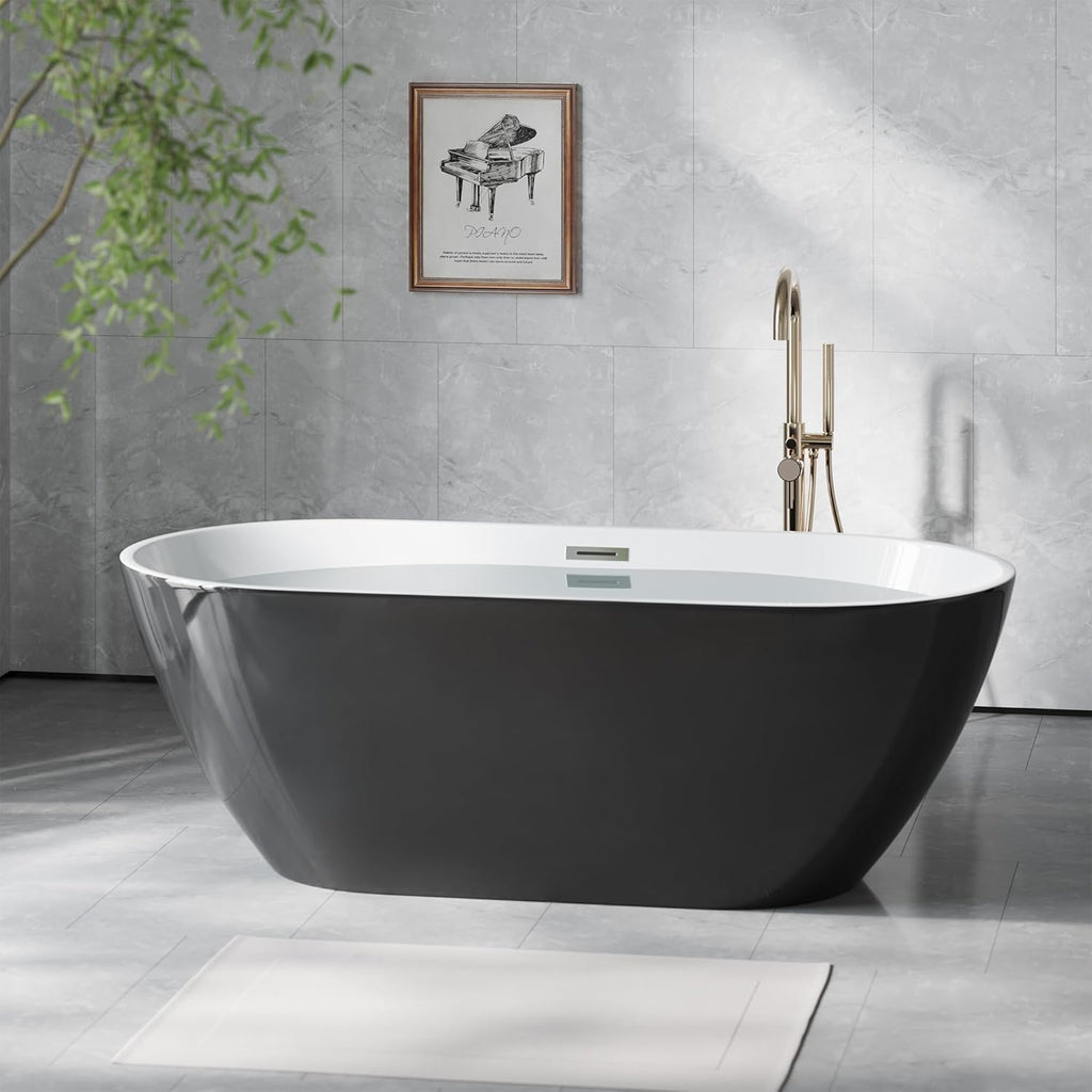 Freestanding Bathtub 59 inch Black and White Acrylic Tub, Compact Soaking Bath for Bathroom Upgrade and Comfortable Home Relaxation