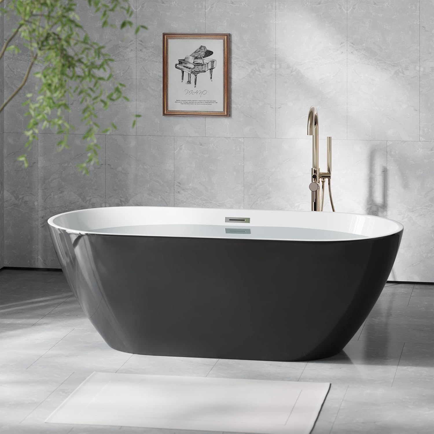 Freestanding Bathtub 59 inch Black and White Acrylic Tub, Compact Soaking Bath for Bathroom Upgrade and Comfortable Home Relaxation