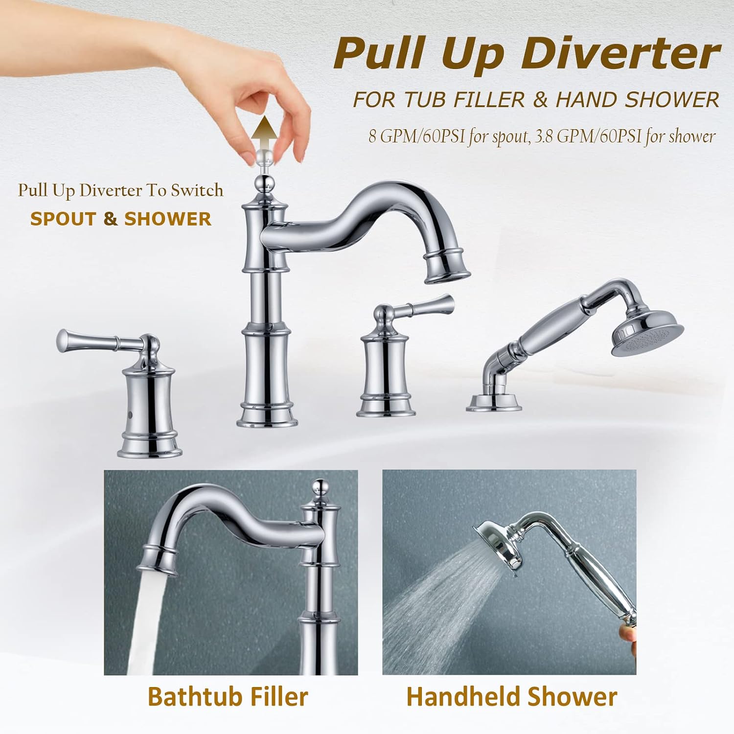 Roman Bathtub Faucet Set With Hand Shower 4 Hole Deck Mount Tub Filler With Diverter, 2 Lever Handle Rough-in Valve and Water Supply Lines Included for Bathroom Tub, Chrome