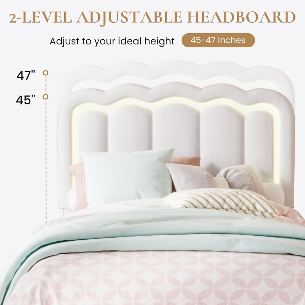 SHA CERLIN Upholstered Twin Size Bed Frame with LED Lights and Large Storage Drawer, Velvet Platform Bed with Adjustable Wavy Headboard, Noise Free, Easy Assembly, No Box Spring Needed, Soft White