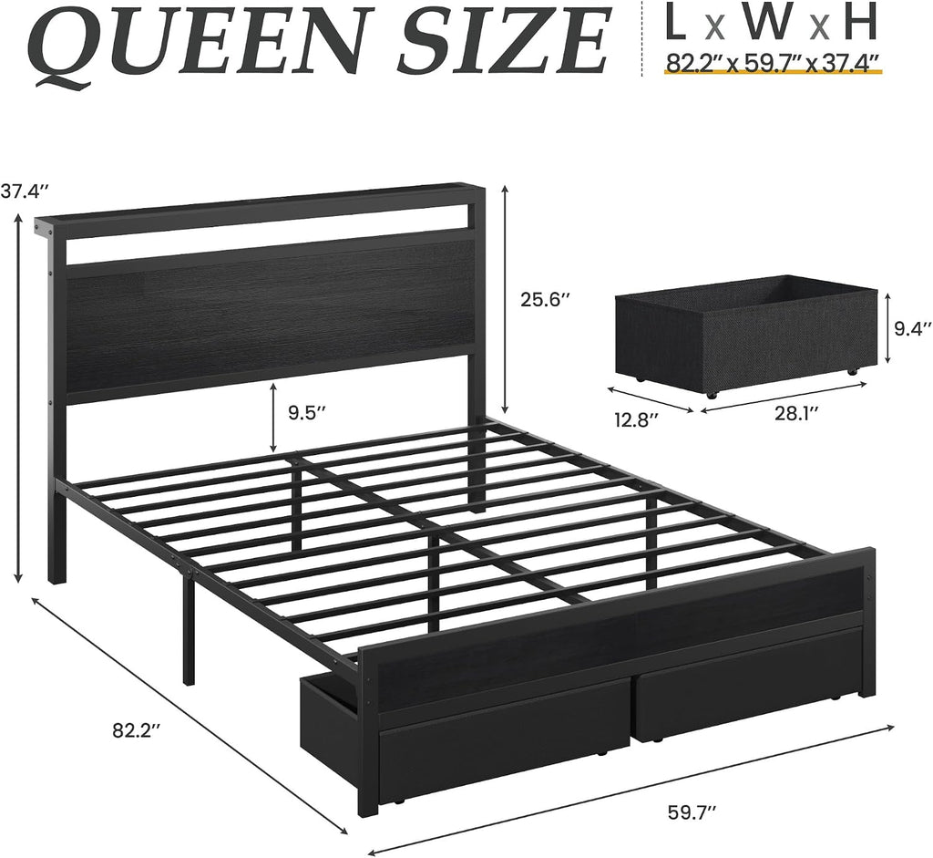 Fluest Queen Bed Frame,Queen Bed Frame with Storage Headboard & 2 Storage Drawer, Charging Station & LED Light, No Box Spring Needed, Noise Free, Easy Assembly, Classic Black