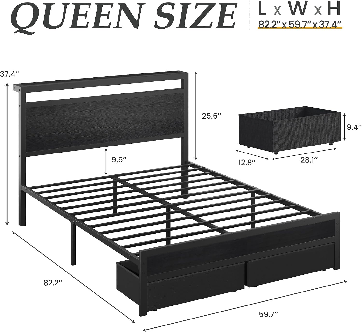 Fluest Queen Bed Frame,Queen Bed Frame with Storage Headboard & 2 Storage Drawer, Charging Station & LED Light, No Box Spring Needed, Noise Free, Easy Assembly, Classic Black