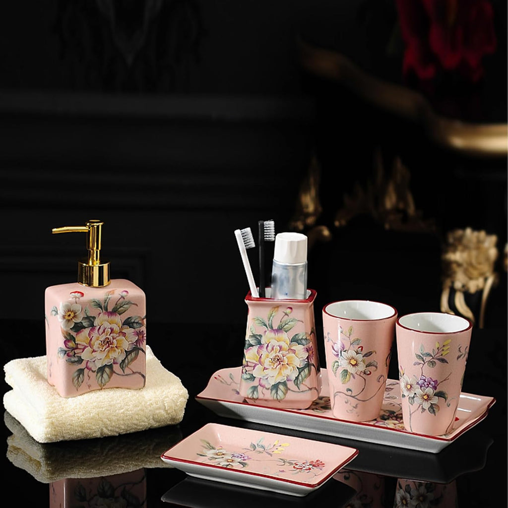 Bathroom Set Complete Toothbrush Holder,Soap Dish, Lotion Dispenser, Ceramic Bathroom Accessory Sets Wash Set,Vanity Countertop Accessories - 6 Piece (Square) (Pink)