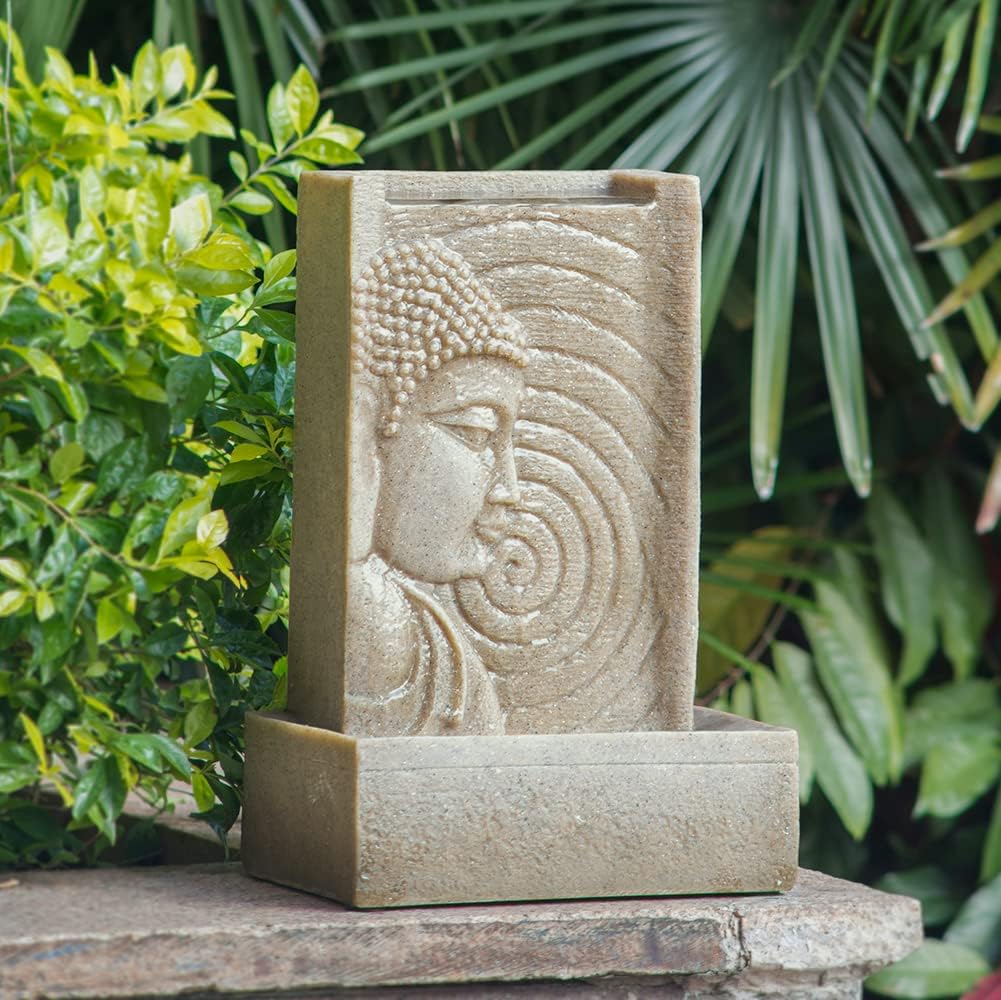 9x6.5x14 Indoor Buddha Water Fountain, Polyresin Tabletop Fountain with LED Light