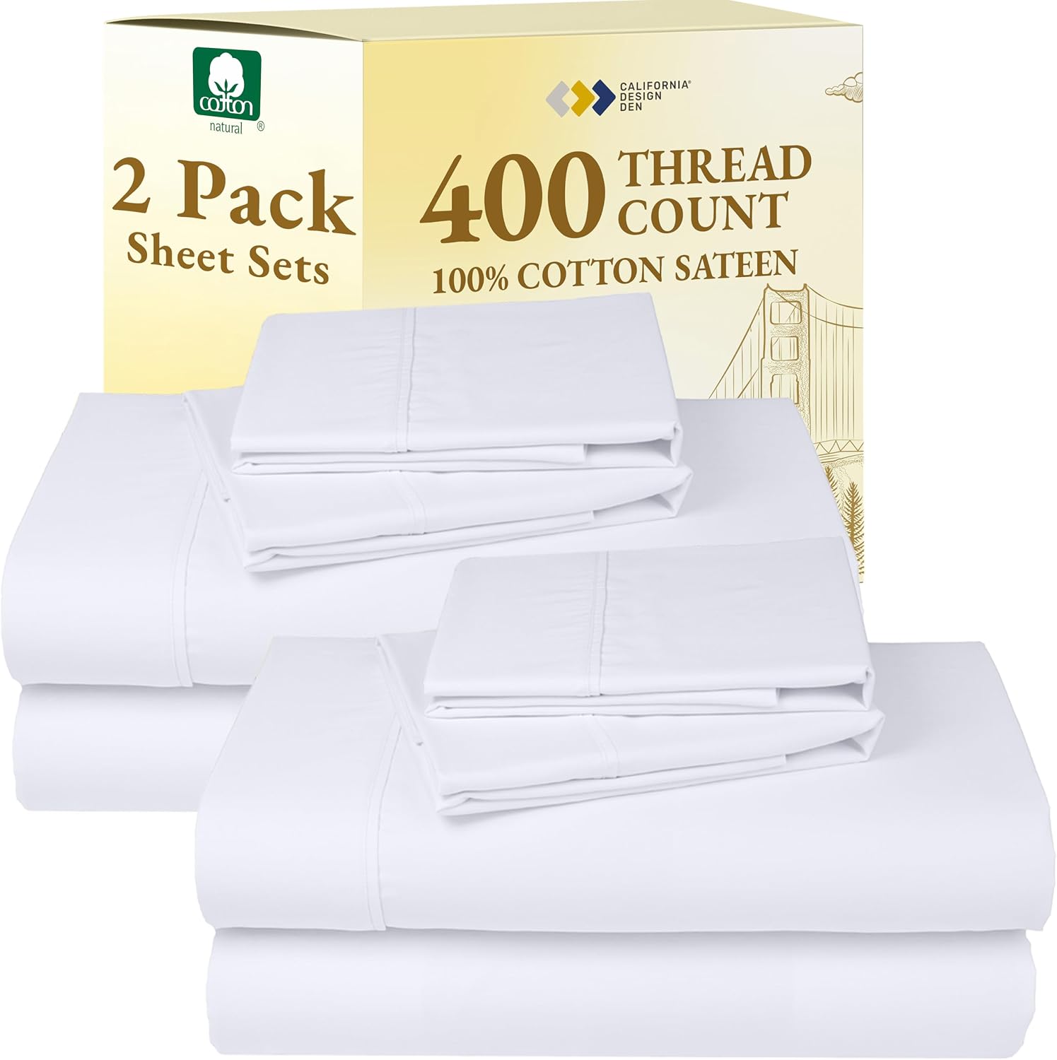 California Design Den Pack of 2 Cal King Bedsheet Set - 400 Thread Count Sateen 100% Cotton Sheets - Soft and Breathable Sheets, 2 Sets of Deep Pocket Bed Sheets - White