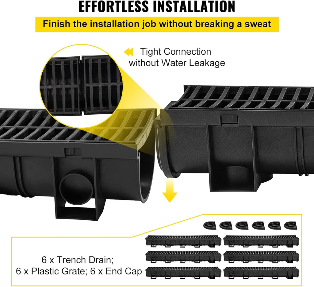 VEVOR Trench Drain System with Plastic Grate, 5.9x5.1-Inch HDPE Channel Drainage for Garden, Driveway - 6 Pack