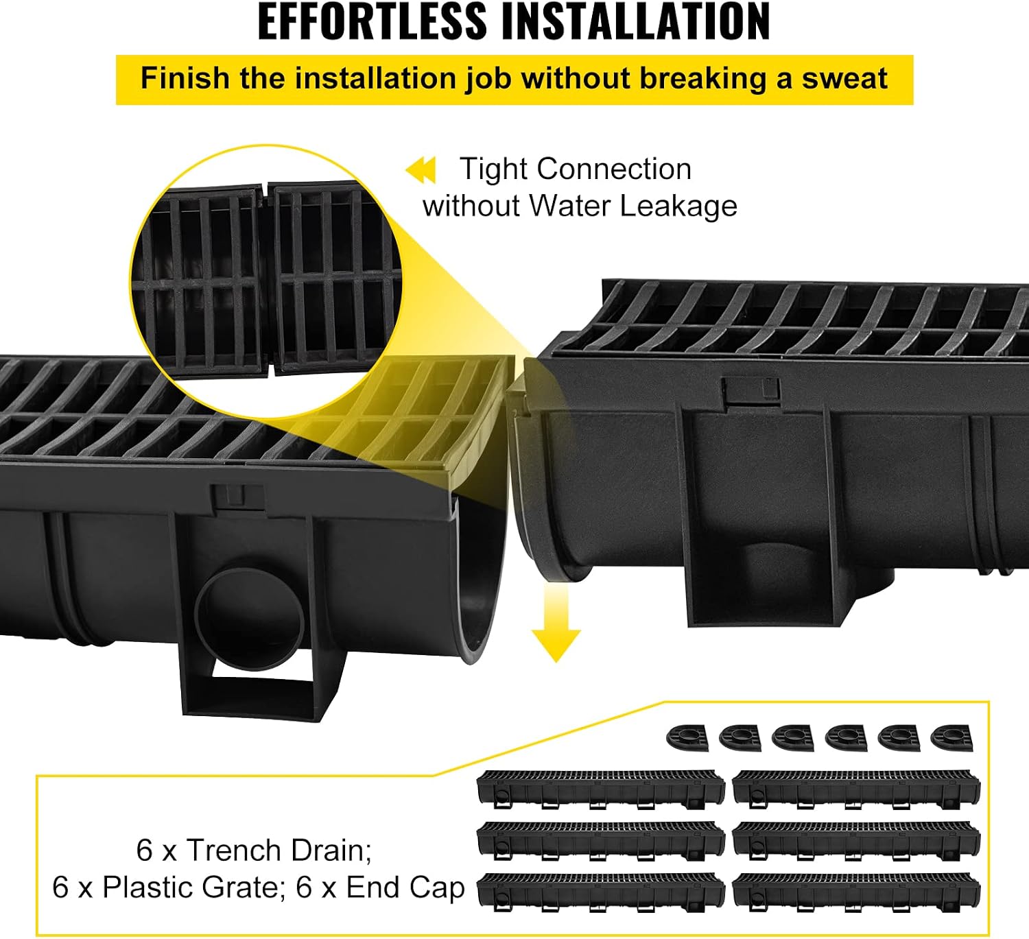 VEVOR Trench Drain System with Plastic Grate, 5.9x5.1-Inch HDPE Channel Drainage for Garden, Driveway - 6 Pack