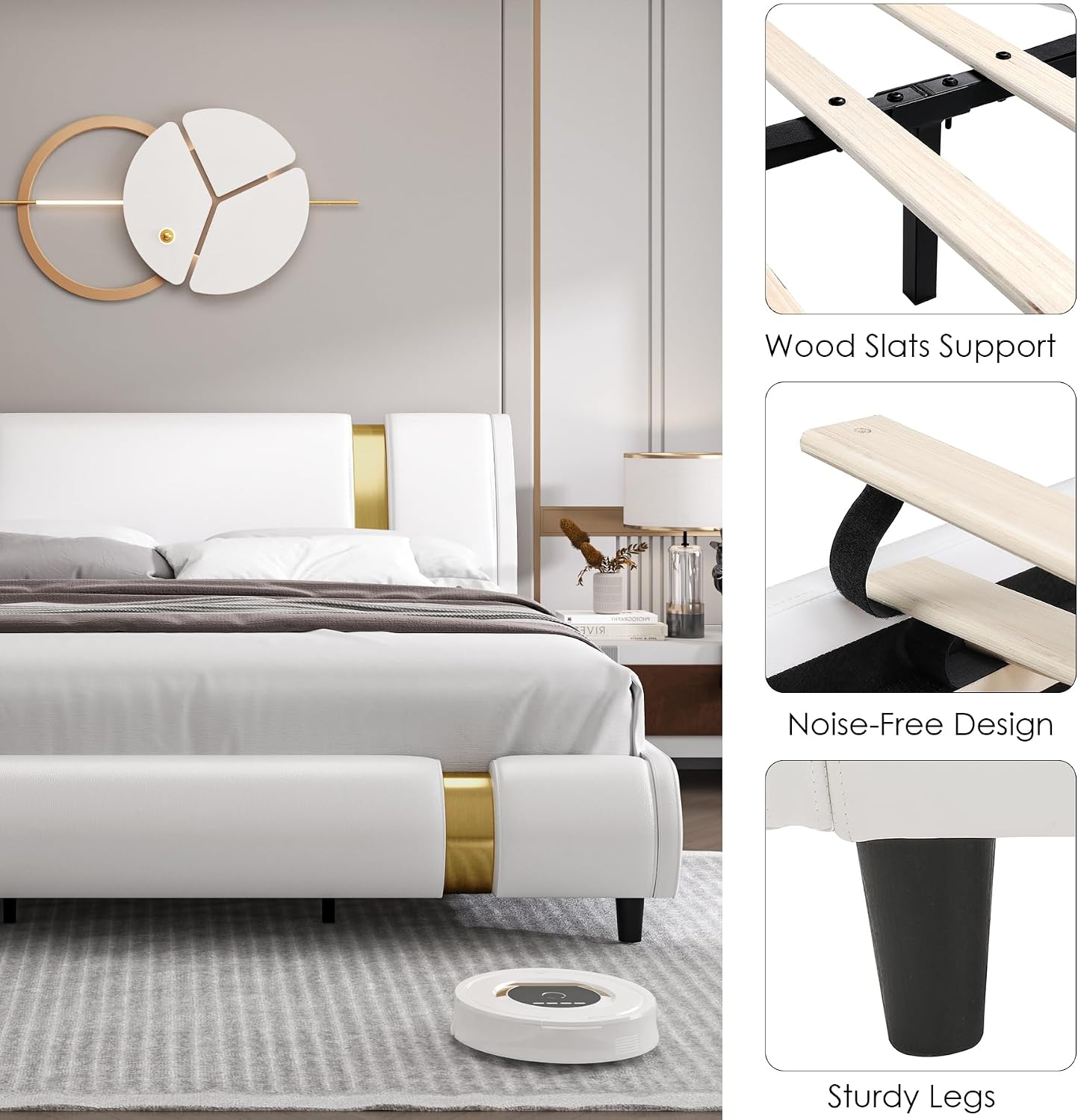 TTVIEW Modern Faux Leather Upholstered Platform Bed Frame with Golden Iron Metal Decor, Adjustable Curved Headboard, Wooden Slats Support, No Box Spring Needed, King Size, White
