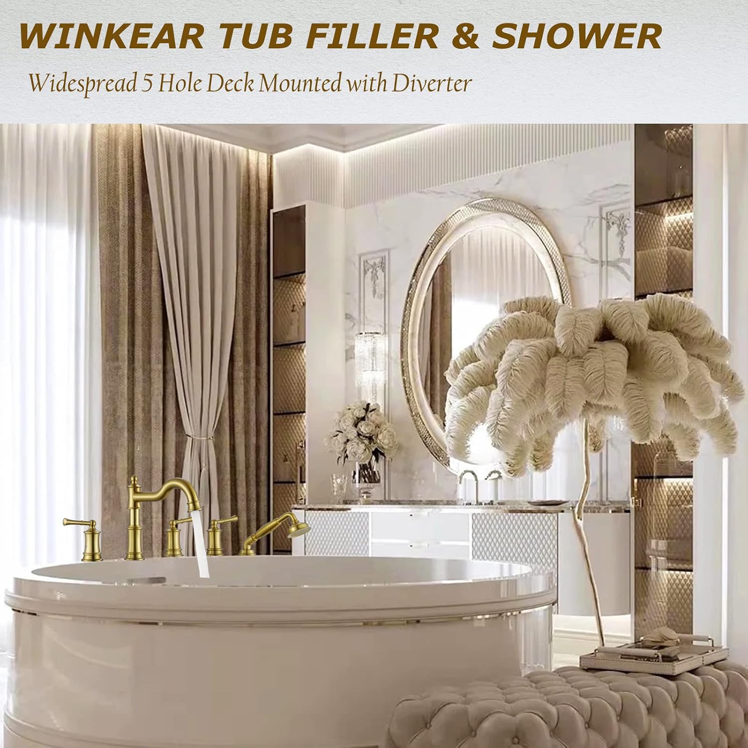 Roman Tub Faucet Set With Handheld Shower 5 Hole Deck Mount Tub Filler With Diverter, 3 Lever Handle Rough-in Valve and Water Supply Lines Included for Bathroom Tub, Brushed Gold