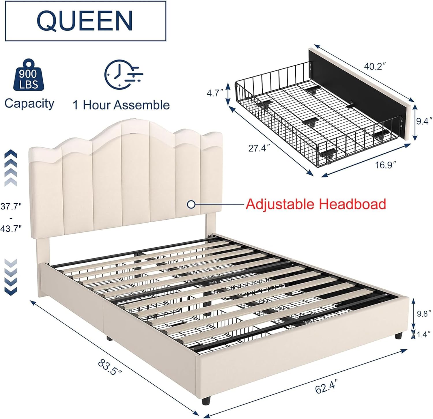 VECELO Queen Size Platform Bed Frame with Type-C & USB Charging Stations/4 Storage Drawers, Upholstered Adjustable Headboard, Strong Wooden Slats Support, No Box Spring Needed, Easy Assembly