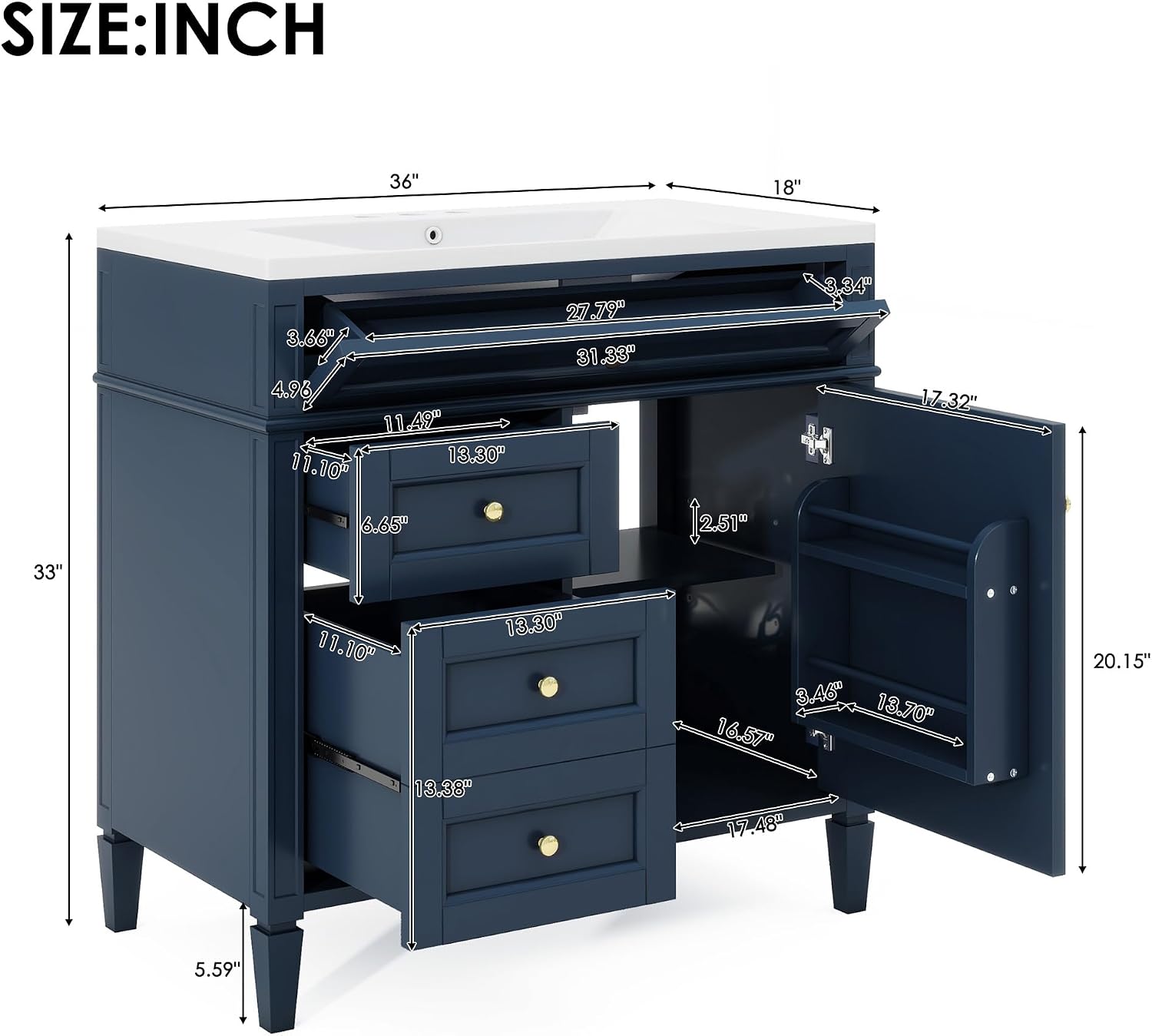 Merax 36'' Bathroom Vanity with Medicine Cabinet, Royal Blue Mirror Cabinet, Modern Bathroom Storage Cabinet with 2 Soft Closing Doors and 4 Drawers, Blue