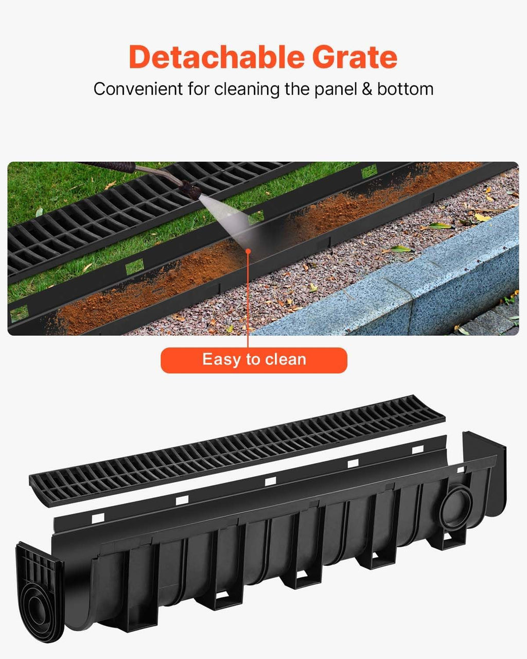 VEVOR Trench Drain System 5 Pack, Channel Drain with Plastic Grate 5.9 x 7.5 in HDPE Drainage Trench, Black Plastic Garage Floor Waterway 5 x 39 in with 5 End Caps for Garden Driveway